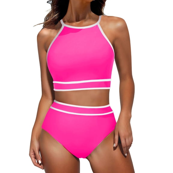 MOJOGO Women's Tankini Swimsuit Halter Top Shorts Black White Color Block Bikinis Summer Bathing Suits Beach Swimwear Hot Pink S