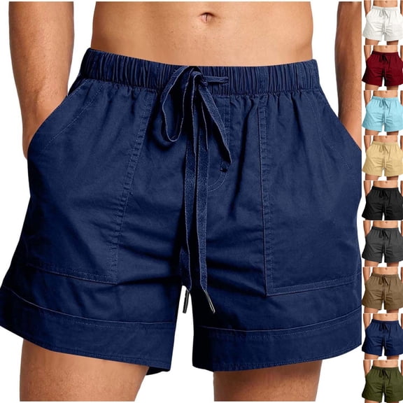 Gamivast Shorts for Men Casual Relaxed Fit Patch Pockets Cotton Shorts Drawstring Elastic Waist Summer Shorts Lightweight Solid Beach Vacation Daily Wear