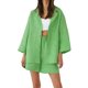 thumbnail image 1 of Traje de pantalón informal SAYOO de dos piezas para mujer blusas abotonadas con cuello de solapa color sólido y pantalones cortos holgados con cintura elástica naranja/azul/verde, 1 of 7