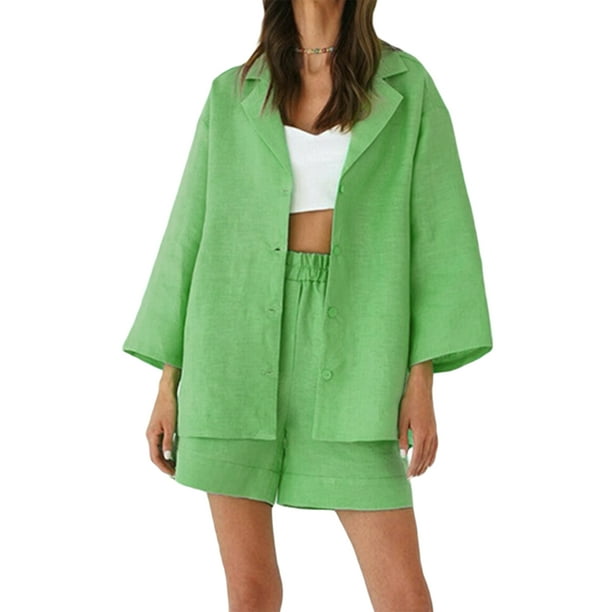 Traje de pantalón informal SAYOO de dos piezas para mujer blusas abotonadas con cuello de solapa color sólido y pantalones cortos holgados con cintura elástica naranja/azul/verde