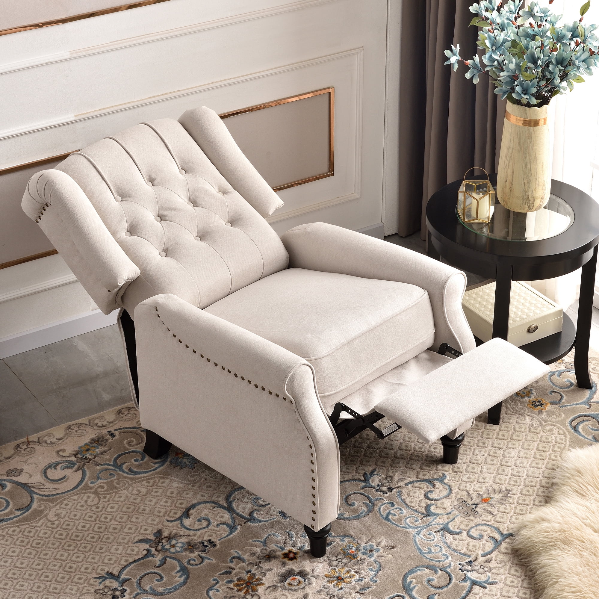 Bonzy Home Pushback Recliner Fabric Reclining Chair Sofa for Living Room, Cream