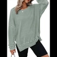 thumbnail image 1 of Sudadera de Cuello Redondo de Punto Gofre de Gran Tamaño para Mujer, Sudadera Informal de Larga con Laterales Verde L, 1 of 8