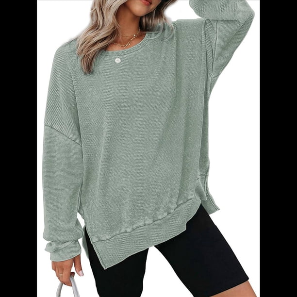 Sudadera de Cuello Redondo de Punto Gofre de Gran Tamaño para Mujer, Sudadera Informal de Larga con Laterales Verde XXL
