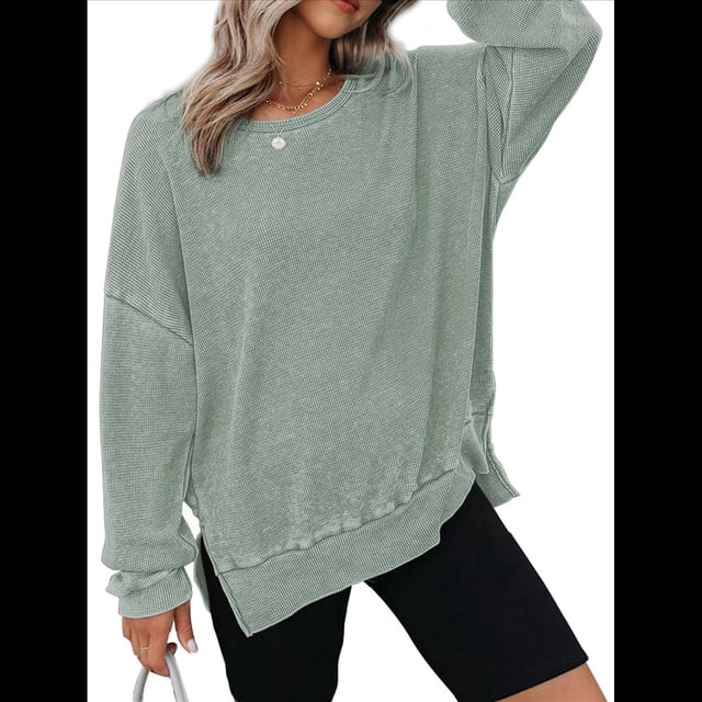 Sudadera de Cuello Redondo de Punto Gofre de Gran Tamaño para Mujer, Sudadera Informal de Larga con Laterales Verde L