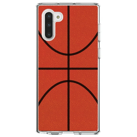 DistinctInk Clear Shockproof Hybrid Case for Samsung Galaxy Note 10 (6.3" Screen) - TPU Bumper, Acrylic Back, Tempered Glass Screen Protector - Basketball Drawing - Basketball