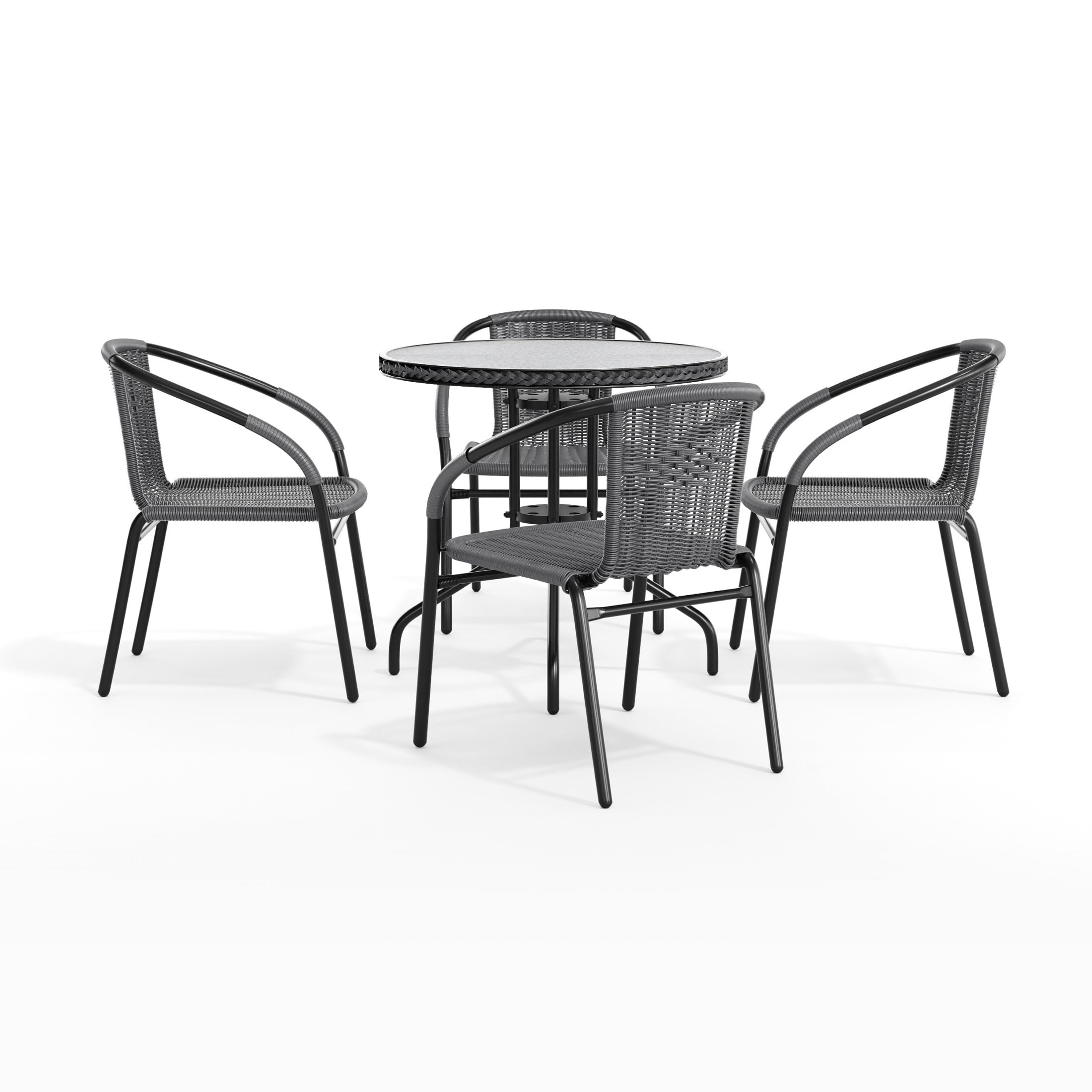 Flash Furniture 28'' Round Glass Metal Table with Gray Rattan Edging and 4 Gray Rattan Stack Chairs