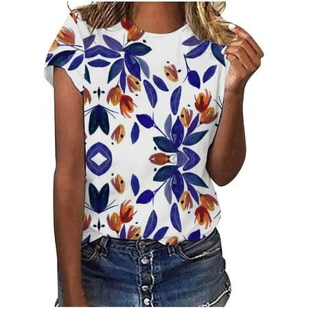 

Crop Tops for Women Sequin Tops for Women Women s Fashion Round Neck Short Sleeve Flowers Print Tops High Top Women Plus Size Tops for Women on Clearance Maternity Tops White M