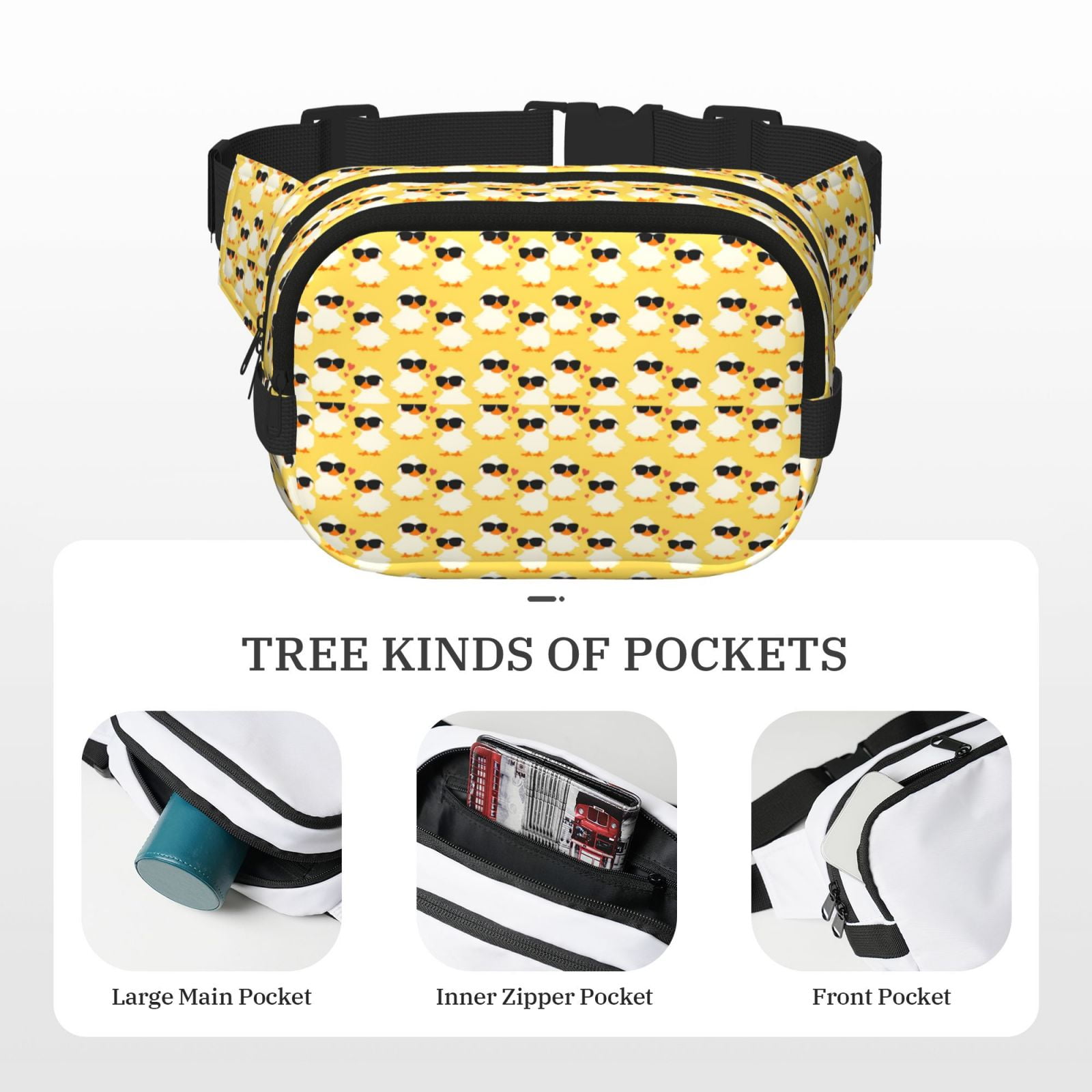 Picia Cute Duck With Black Glasses Print Square Double-Layer Waist Bag Mini Adjustable Waist Belt Bag Exercise Running Travel Hiking
