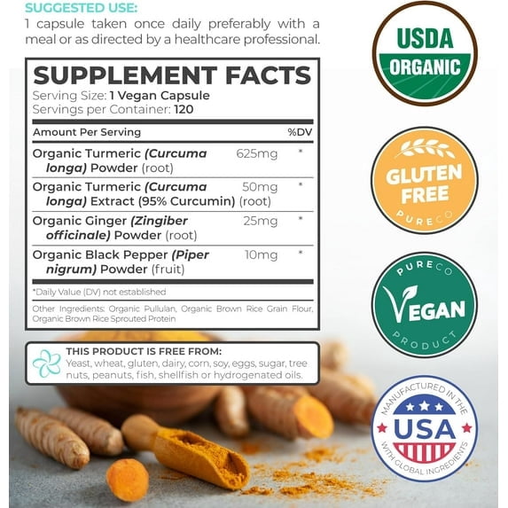 Pure Co Organic Turmeric Curcumin Supplement with Black Pepper and Ginger, 120 Capsules
