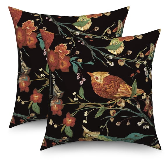 Dashan Vintage Floral Throw Pillow Covers 18x18 Set of 2,Black Flower and Bird Pillowcases for Sofa Couch Living Room