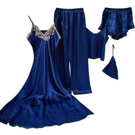 Xfvqtps 5 PCS Womens Pajama Set Nightgown Sling Shorts Trousers and Storage Bag Solid Color Lace Elegant Satin Soft Comfortable Silky Nightwear Navy