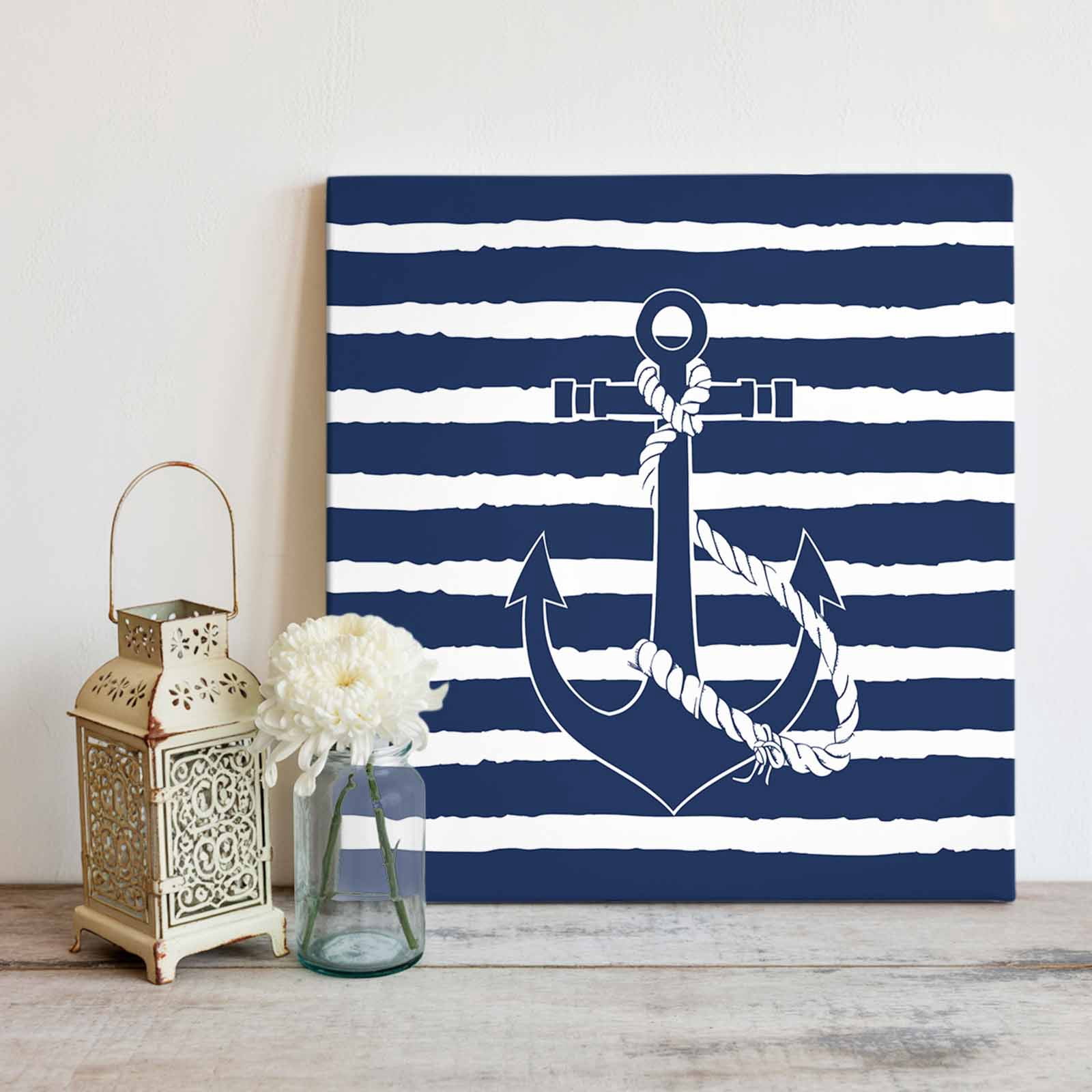 Nautical Canvas Wall Art, Navy Blue and White Striped Retro Anchor Framed Wall Decor Modern Artwork Prints Painting for Living Room, Bedroom, Kitchen & Cafe Decor 12x12 Inch