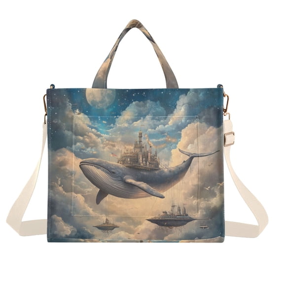 FORMRS Womens Corduroy Tote Bag Crossbody Shoulder Handbag with Pocket, Floating Whale