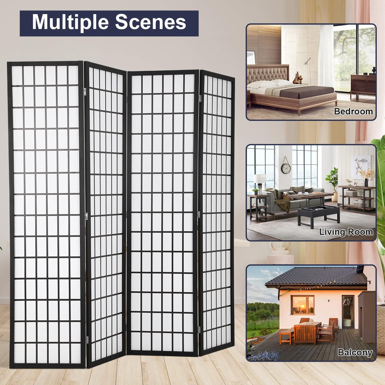 XF XINFENG 6 ft 4 Panel Room Divider, Folding Privacy Divider, Wooden Room Divider Screen, Portable Freestanding Wall Divider, Japanese-Inspired Screen for Home Office Restaurant Bedroom