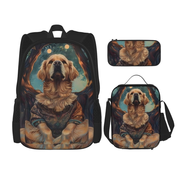 Easygdp Tree Meditating Golden Retriever Mochila para Niños y Niñas con Set de Caja de Almuerzo y Estuche para Lápices 3 en 1, Mochila Escolar Estampada para Adolescentes