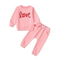 thumbnail image 2 of Elippeo Toddler Girl Fall Outfits Letter Print Long Sleeve Sweatshirt with Elastic Waist Solid Long Pants 2 Pcs Set 6 9 12 18 24 Months 3 Years, 2 of 9
