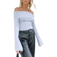 thumbnail image 2 of Women Off The Shoulder Sweater Long Sleeve Solid Knit Pullover Slim Fit Crop Tops, 2 of 6