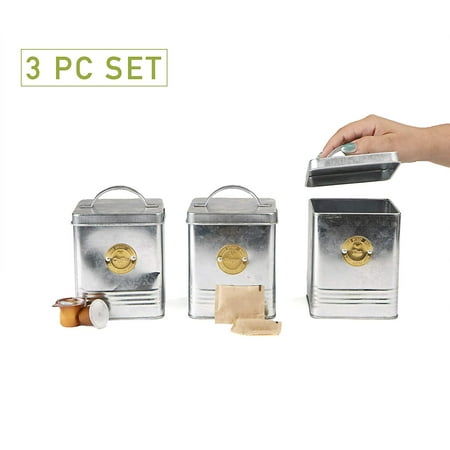 Galcan3 Sil 3 Piece Galvanized Metal Round Canister Set Silver Galcan3 Sil 3 Piece Galvanized Metal Round Canister Set Silver Kitchen Storage And
