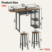 Bestier 3 Piece Bar Dining Pub Table and Chairs Set with Storage Shelves Counter Height Home Kitchen Rustic
