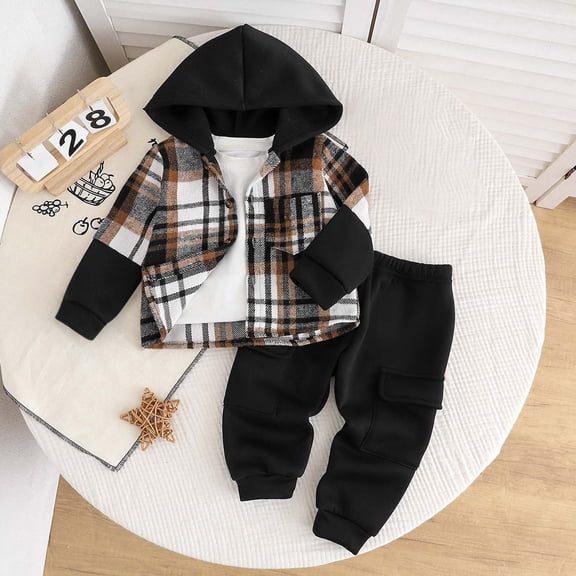 RTKFRFLM Toddler Boy Clothes Winter Fall Outfits Flannel Plaid Hoodie Sweatshirt White T-Shirt Sweatpants Sets for Boy