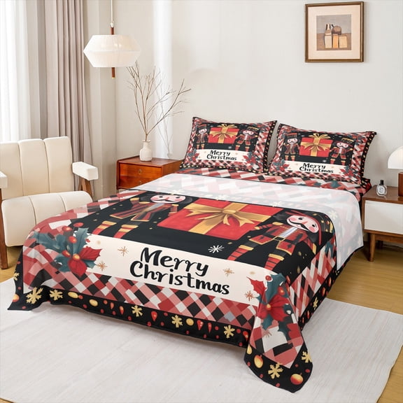 Feelyou Christmas Gifts Bed Sheets for Kid, Royal Guarder Nutcracker King Sheets, Winter Flower Plant Sheet Set, Super Cozy Room Decor, 4pcs