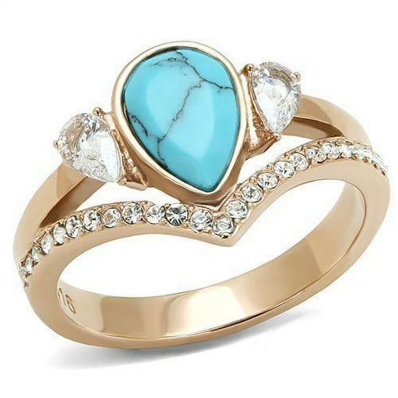 Womens Rose Gold Ring Anillo Para Mujer Stainless Steel Ring with Synthetic Turquoise in Sea Blue Ortona