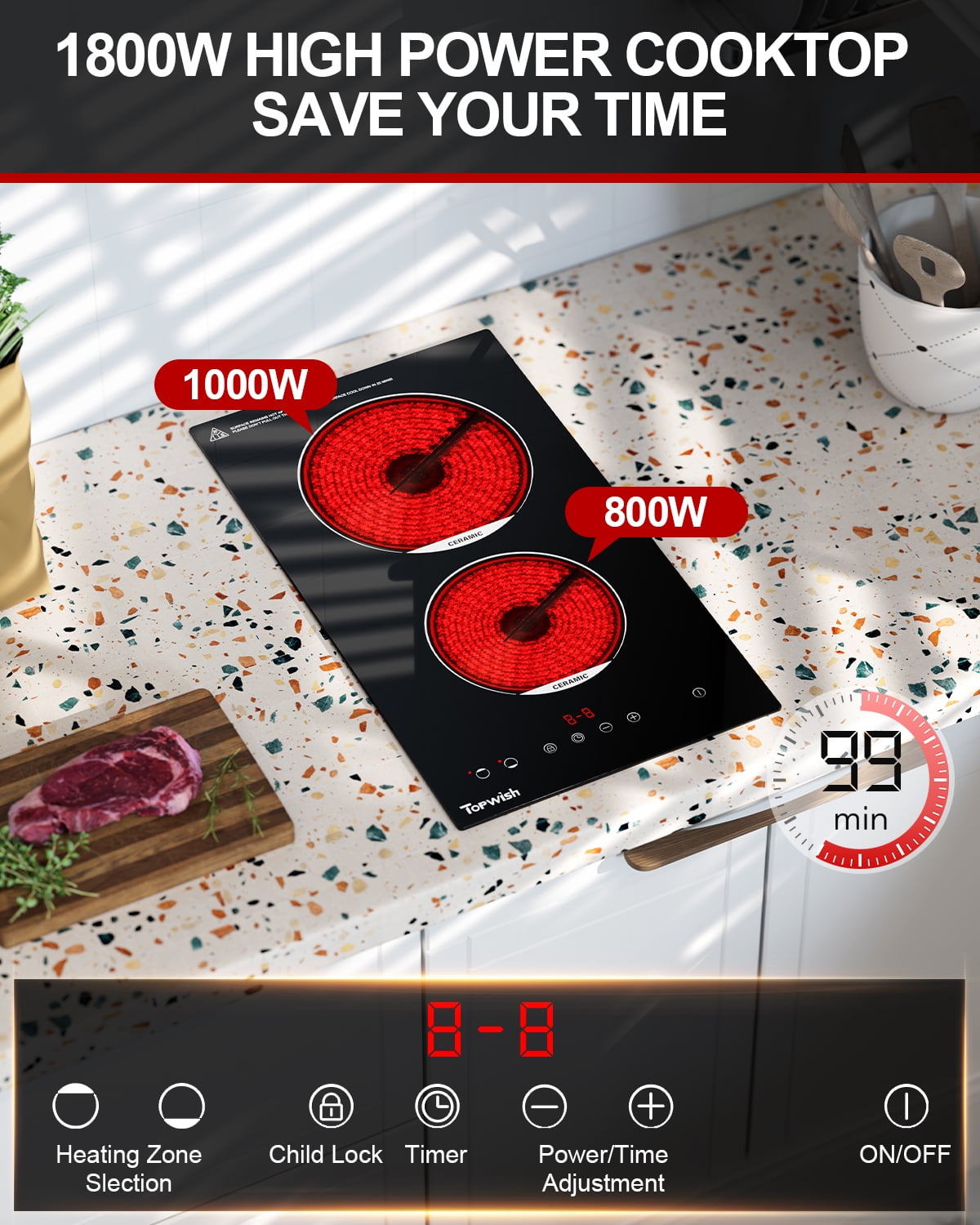 TOPWISH 12" 2-Burner Electric Cooktop, Built-In Ceramic Stove Top, 1800W, 110–120V Plug-In, Touch Control, 9 Power Levels, Timer, Child Lock & Overheat Protection