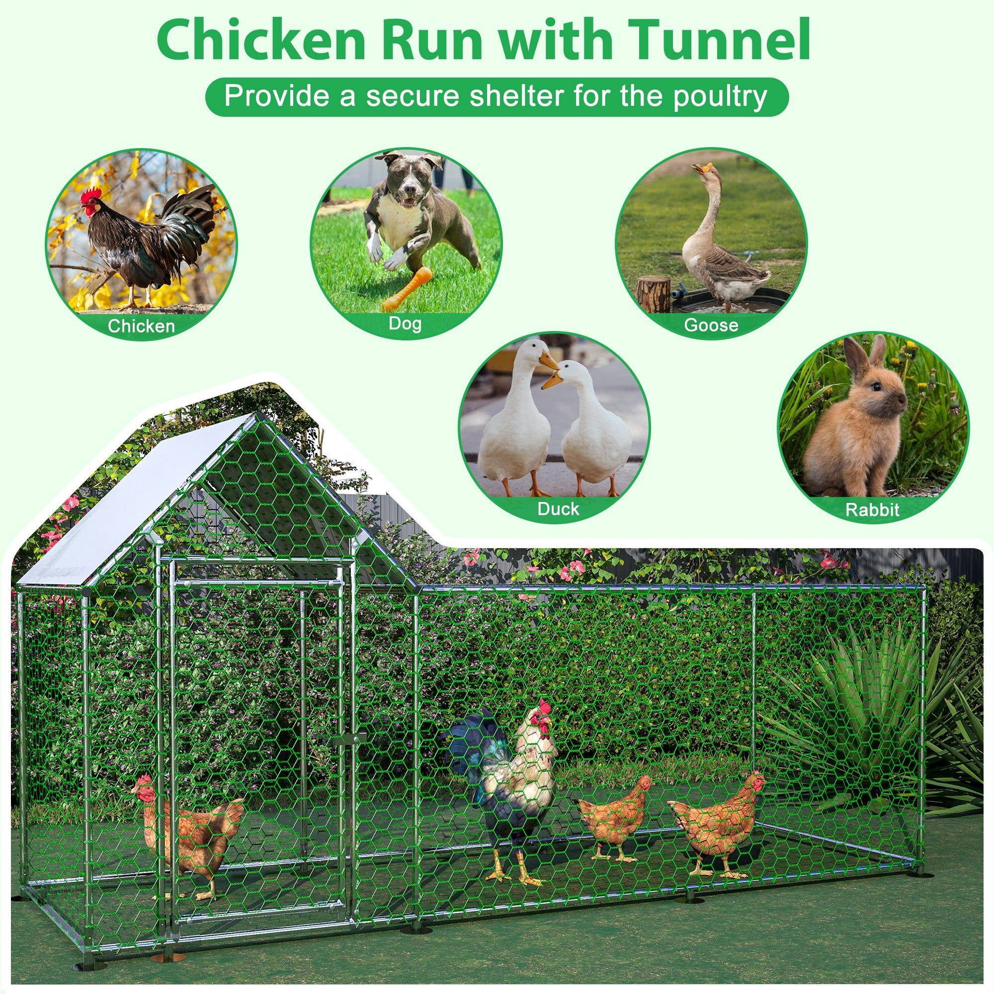 Demi Bonn 119" Large Metal Outdoor Rabbit Hutch Run, Weatherproof Roof Chicken Coop, UV Resistant, Backyard Hen House Poultry Habitat Cage, Silver