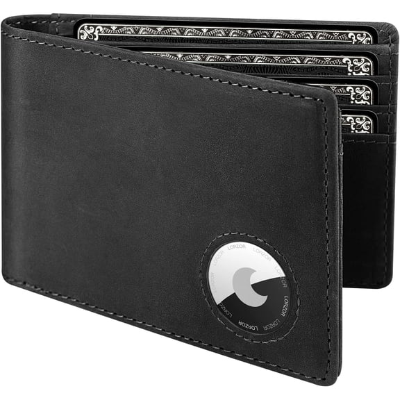 LORZOR Wallet for Men for Apple AirTag, Bifold Full Grain Leather Mens AirTag Wallet with AirTag Holder, RFID Blocking Air Tag Wallet with ID Window up to 12 Cards Gift for Men