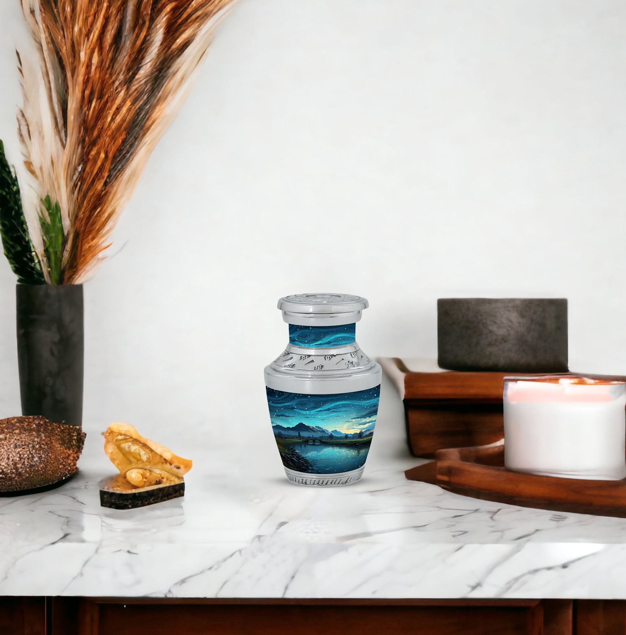 Starry Night Over the Countryside River Guardian's Light Small Keepsake Urn - Protective Mini Urn for Human Ashes - Eternal Flame - Funeral Urns For Human Ashes - Memorial Urns 3 Inch, Set Of 4
