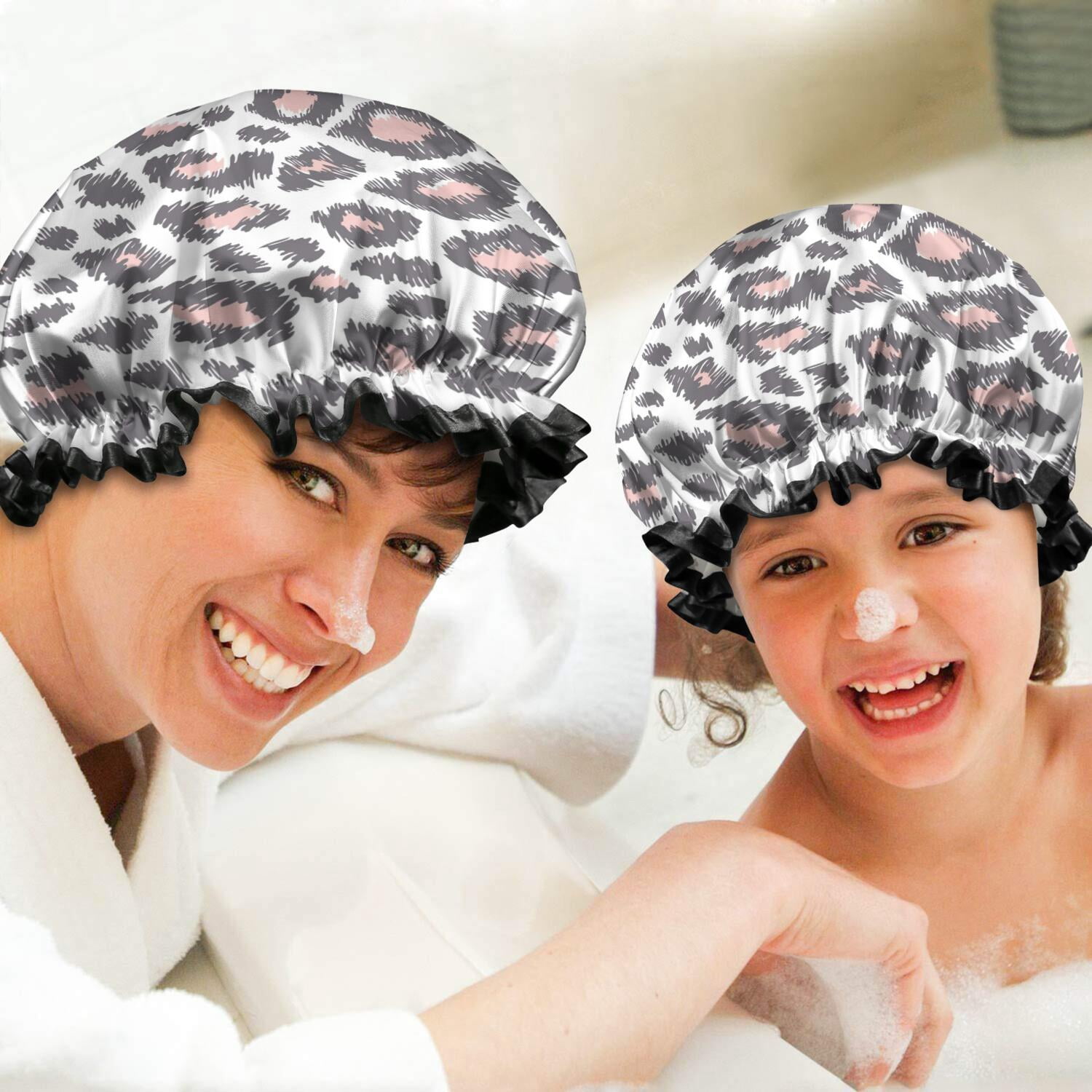 Shower Caps,White and Pink Of Leopard Print Waterproof Shower Cap for Women 4 Pieces,Double Reusable Hair Cover for Shower PEVA Elastic Stretch Hem