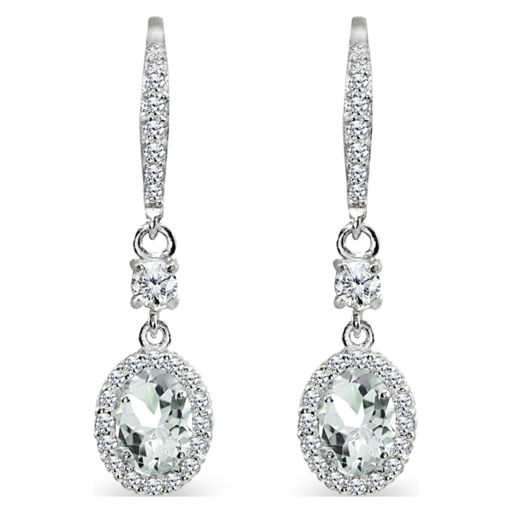 Light Aquamarine & CZ 7x5mm Oval Halo Dangle Earrings in 925 Sterling Silver