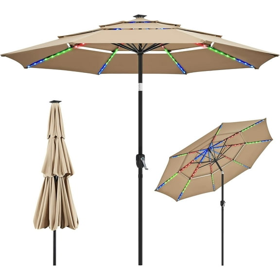 YANG2 10ft 3-Tier Solar Patio Umbrella, Outdoor Market Umbrella w/ 24 LED Lights, 8 Sturdy Ribs, Tilt Adjustment, Easy Crank for Garden, Deck, Tan