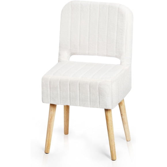 Dresser Stool, White Faux Rabbit Fur Dresser Small Makeup Chair, Storage Footstool with Folding Backrest, Modern Footstool with 4 Solid Wood Legs for Bedroom, Living Room, Home Office