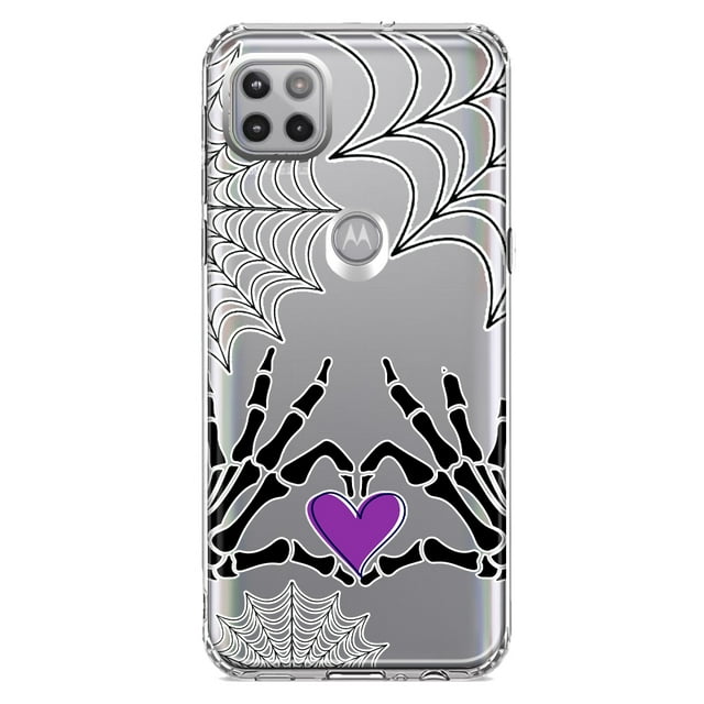 MUNDAZE Motorola One 5G Shockproof Clear Hybrid Protective Phone Case Halloween Skeleton Heart Hands Spooky Spider Web Cover