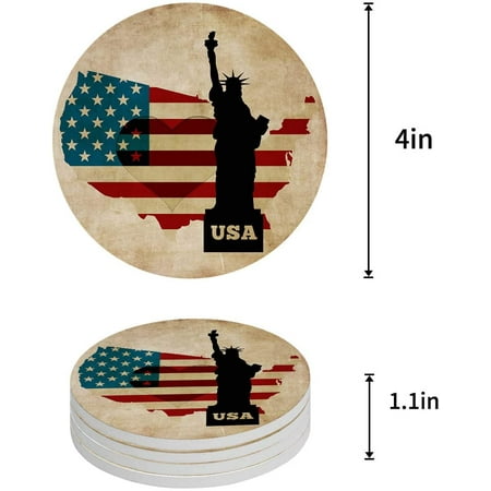

FMSHPON Independence Day American Flag Statue of Liberty Set of 8 Round Coaster for Drinks Absorbent Ceramic Stone Coasters Cup Mat with Cork Base for Home Kitchen Room Coffee Table Bar Decor