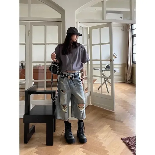 Vaqueros con agujeros Vintage de cintura alta para mujer, pantalones cortos vaqueros rectos de estilo hip hop americano Y2k, pantalones cortos holgados de pierna ancha lavados hasta la pantorrilla