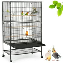Yaheetech 52''H Metal Rolling Bird Cage with 3 Perches & 4 Feeders & Extra Storage Shelf, Black