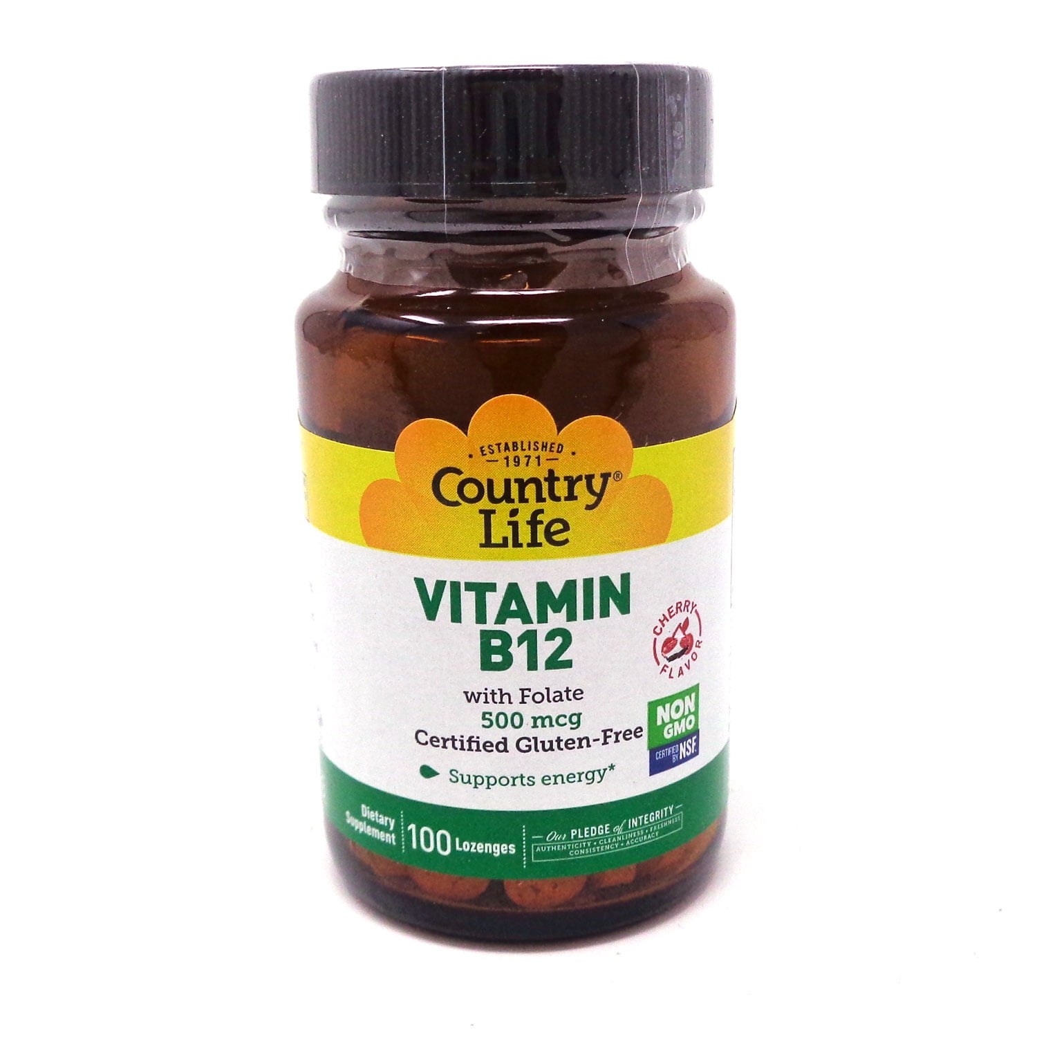Country Life Vitamin B12 with Folate, Supports Energy & Red Blood Cell Production, 500mcg, 100 Lozenges, Certified Gluten Free, Vegan, Halal, Non-GMO Verified