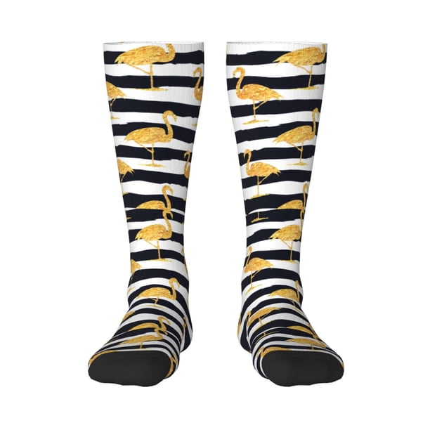 Fotbe Gold Flamingo Calcetas Divertidas Estampadas para Hombre y Mujer, Calcetas de Algodón hasta la Rodilla para Caminar, Correr, Enfermería y Embarazo