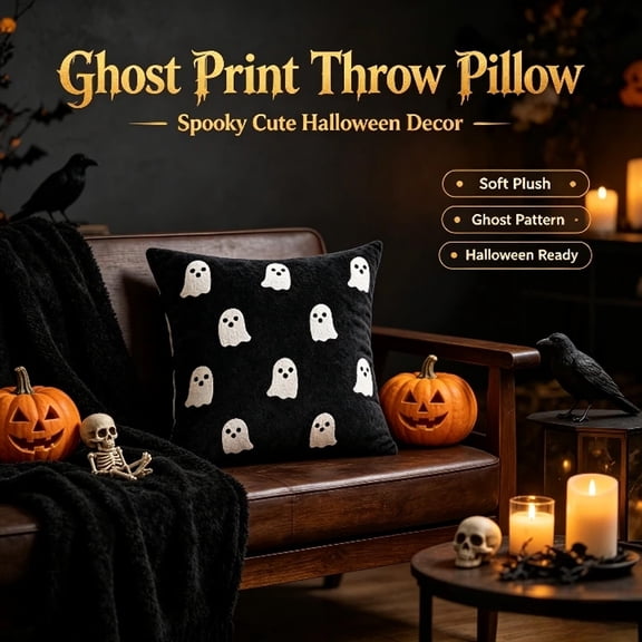 Cute Ghost Fringe Halloween Throw Pillow, Black Velvet Ghost Square Decorative Cushion, Soft Accent Pillow, for Sofa, Couch, Bedroom, 40*40cm