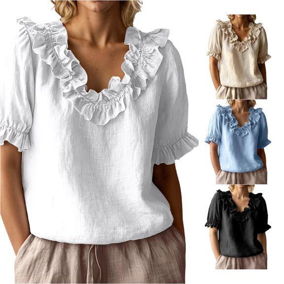 Yuhangmm Womens T Shirts, Fashion Casual Ruffled Collar Blouse Shirt Top Tunic Tee Lightweight Comfortable Casual Women Summer White XXL