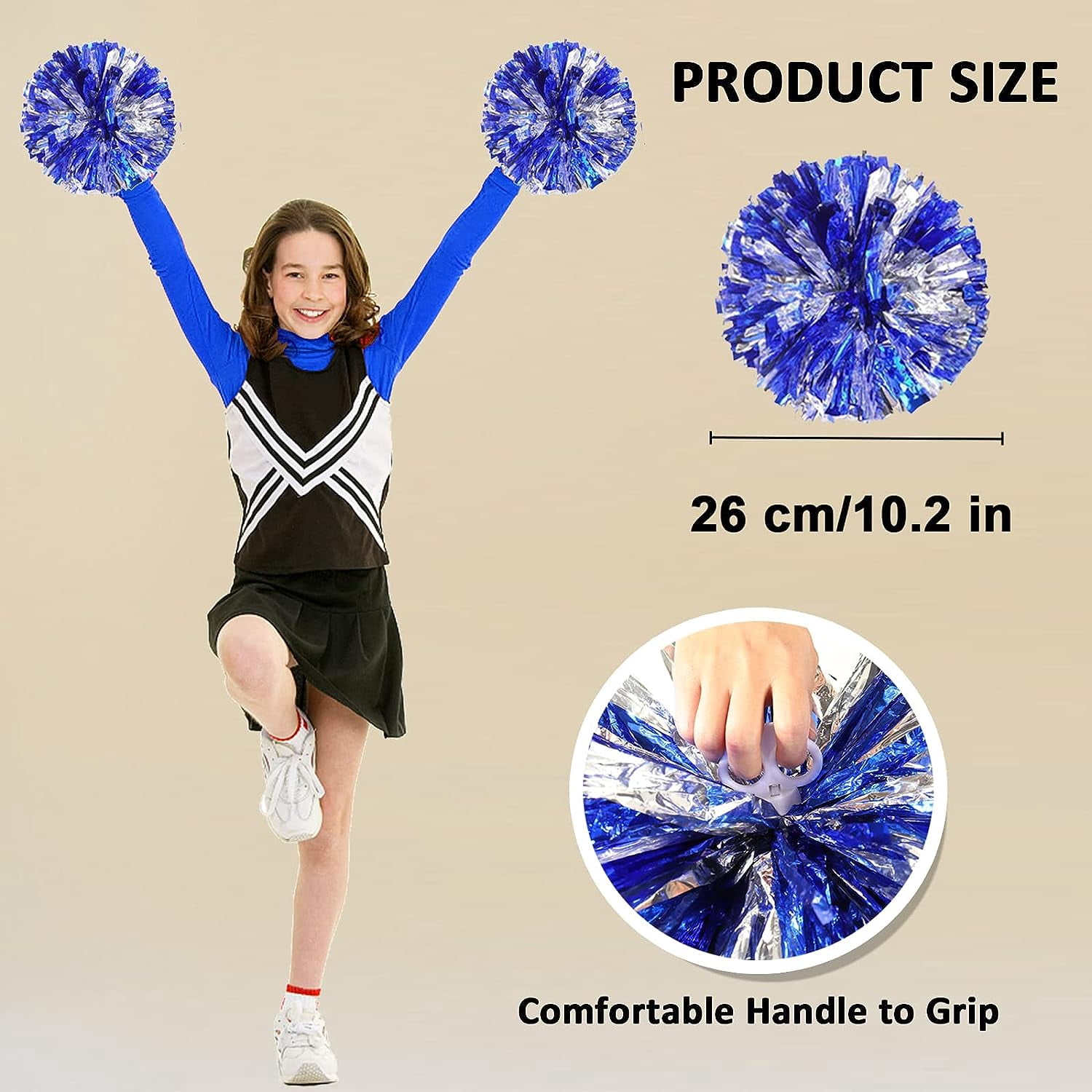 LINLIN 12Pcs Cheerleading Pom Poms for Kids, Metallic Foil & Plastic Ring Cheer Pom Poms Girls School Game, Dance, Matches, Team Spirit Sports, Stage Performance, Carnival Celebration