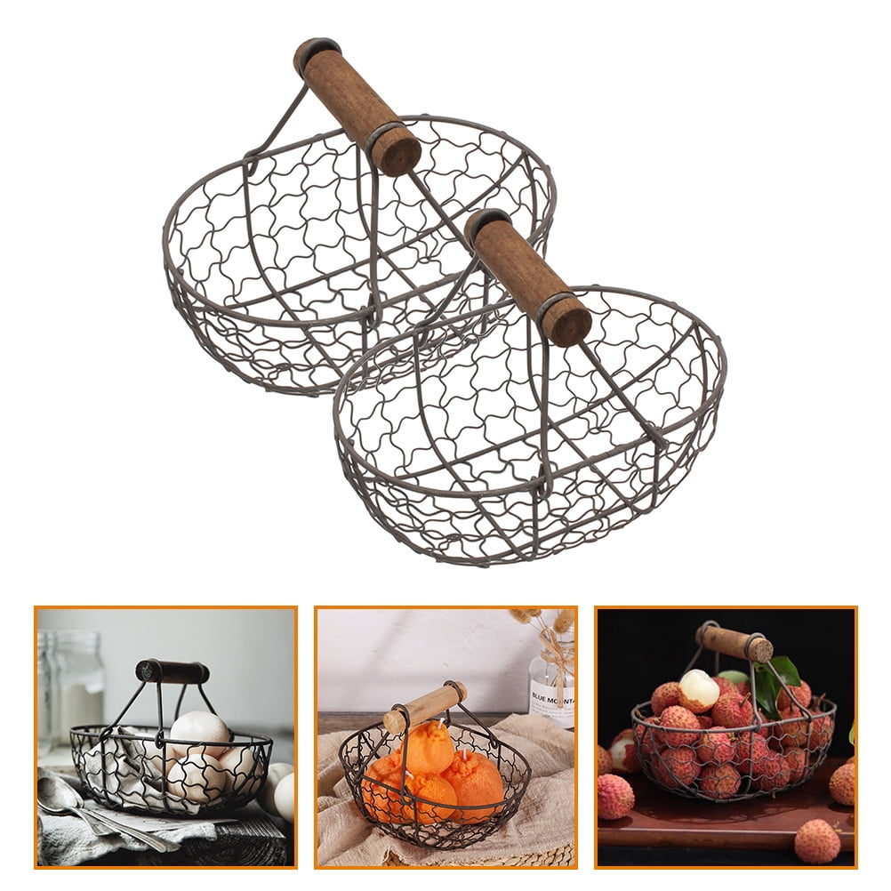 Zcyifa 2 Metal Wire Egg/Fruit Baskets w/ Handle - Portable Picnic/Bread Storage (Black)