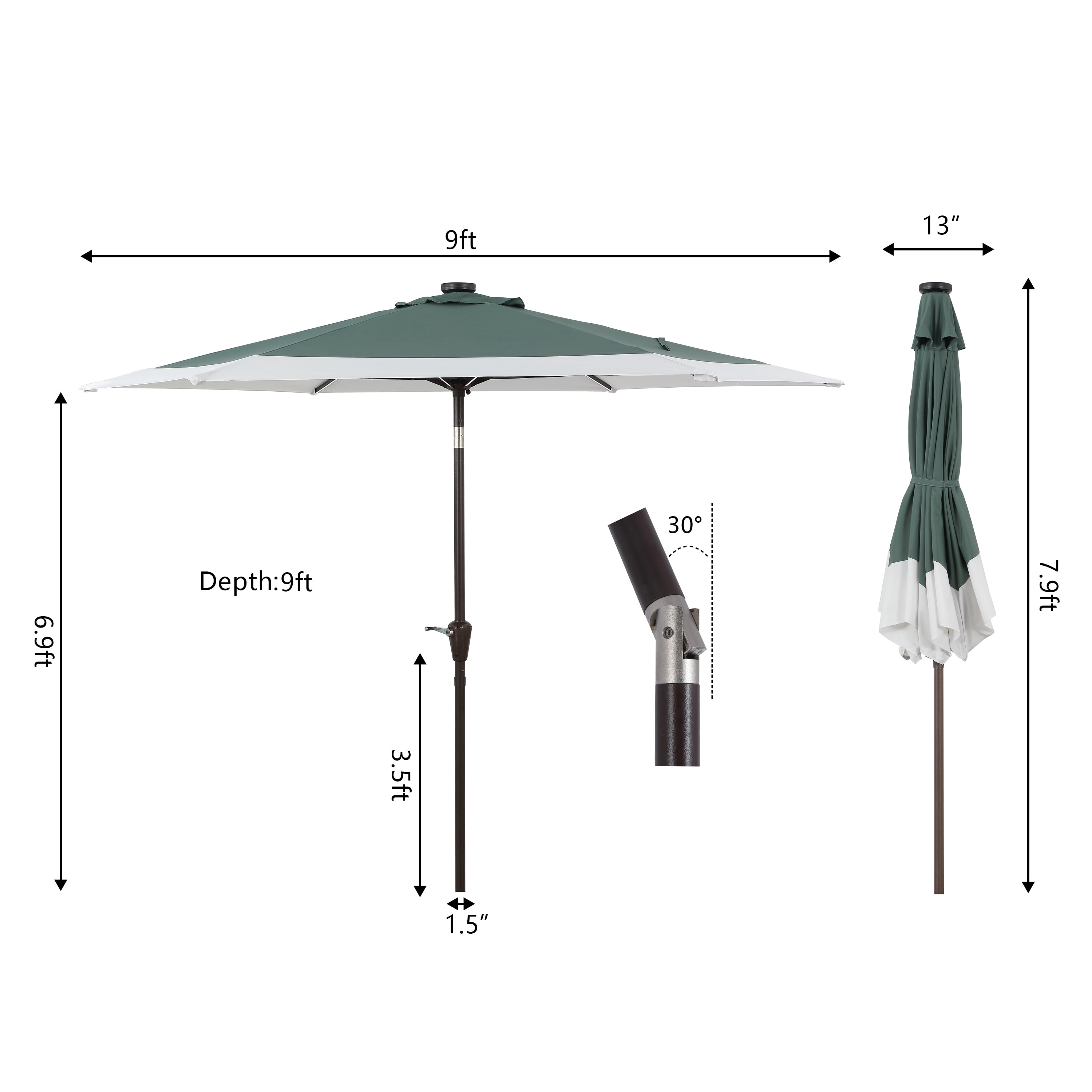 JONATHAN Y Spencer 9 ft. Solar LED Market Patio Umbrella, Classic Coastal 2-Tone, with 12 LED Strip Lights, Auto-Tilt, Crank and UV Protection, Green/White
