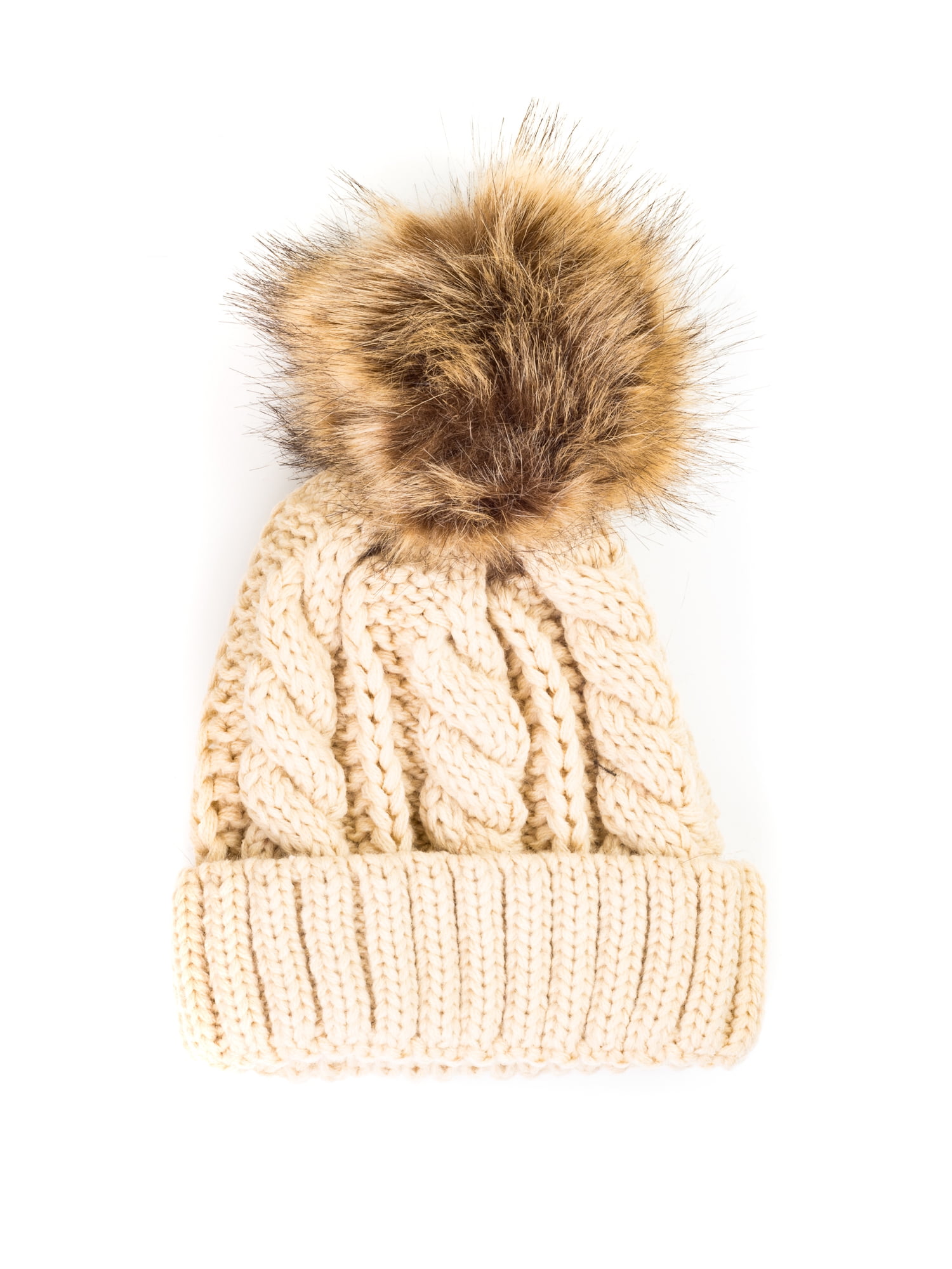 Tan Cable Knit Baby Bonnet Winter Hat with Pom Pom