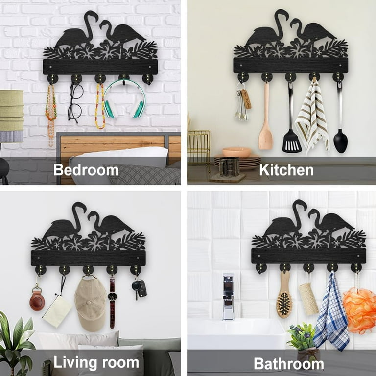Flamingo Flower Coat Rack Wall Mount Wood Key Holder for Wall