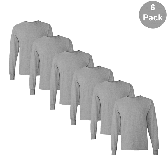 Gildan Men’s Long Sleeve Heavy Cotton T-Shirt, Crew Neck Comfortable Sport Grey Tee, S, 6 Pack