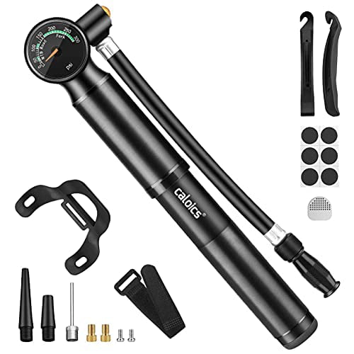 Schrader & Presta Valve Fork & Rear Suspension Gauge Comes with Mount Kit Attachment Accessories Adjustable Max 300PSI High Pressure 2-in-1 Portable Air Shock & Tire Pump Mountain Bike & Bicycle