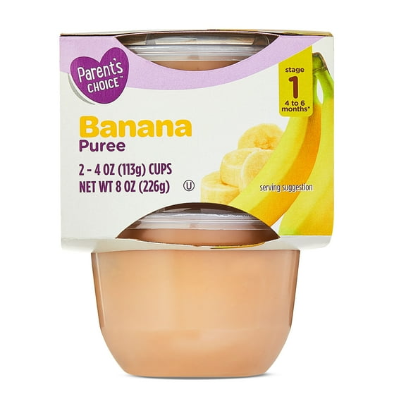 Parent's Choice Stage 1 Baby Food, Banana Puree, 4 oz Cups, (2 Pack)